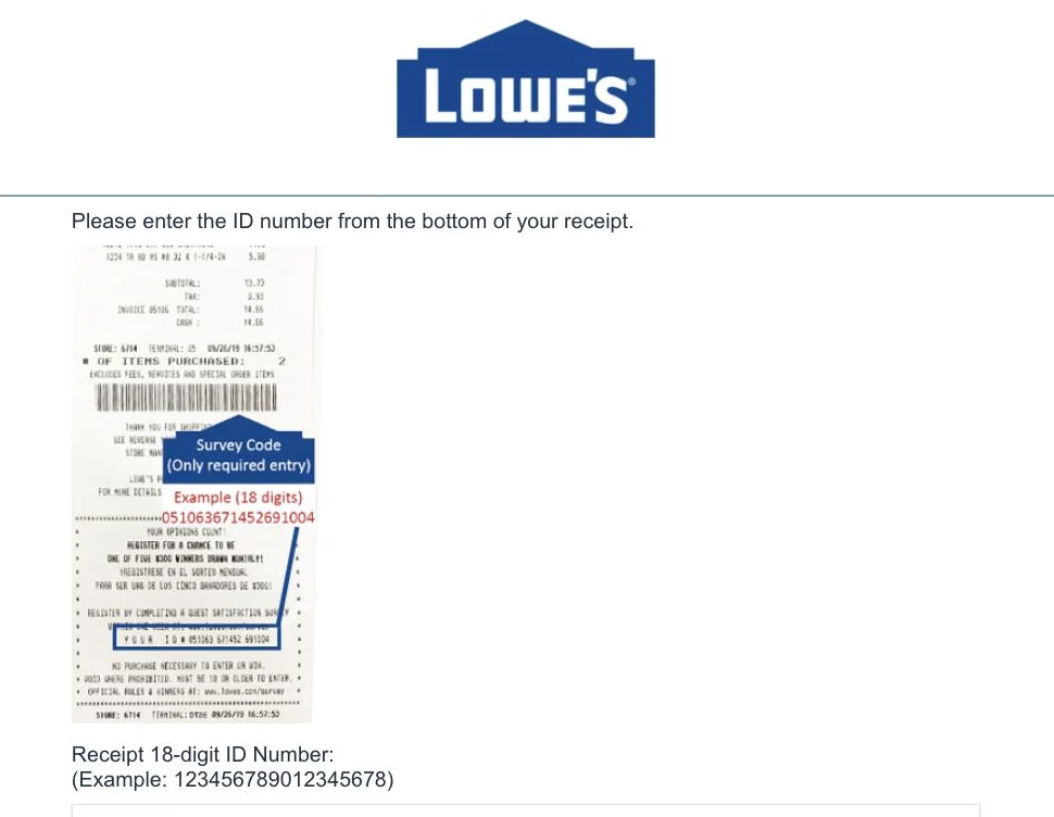 The Lowe's survey ID screen asking for the 18-digit receipt ID number