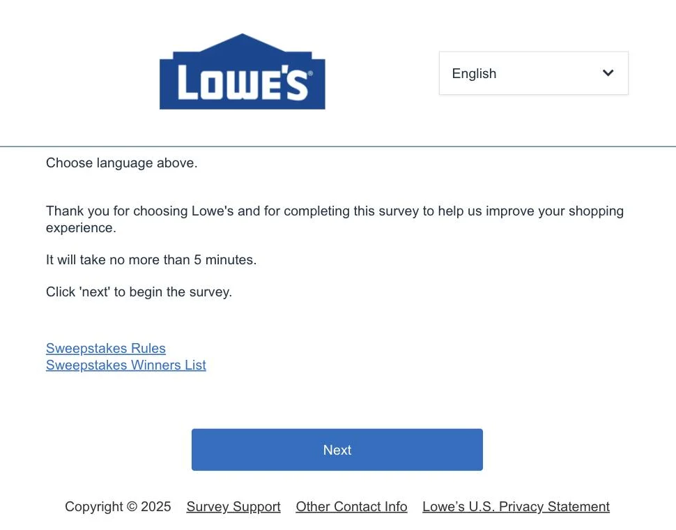 The official Lowe's survey start page with the language dropdown and Next button